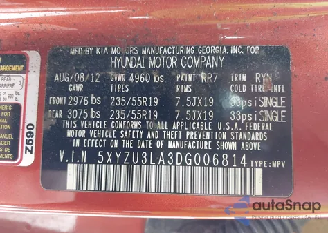 2013 Hyundai Santa Fe Sport 2.0T z USA, uszkodzony, nr VIN 5XYZU3LA3DG006814